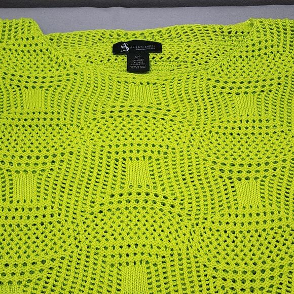 Alison Shari Open Knit Sweater Pull Over Lime Green 3/4 Sleeve Sz L - Picture 3 of 5